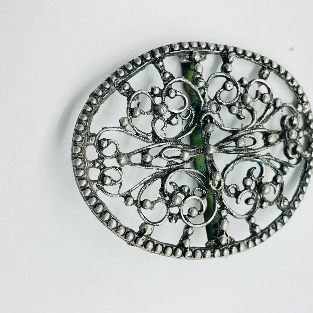 Vintage Belt Buckle Silver Tone Filigree Oval Western Scroll Design